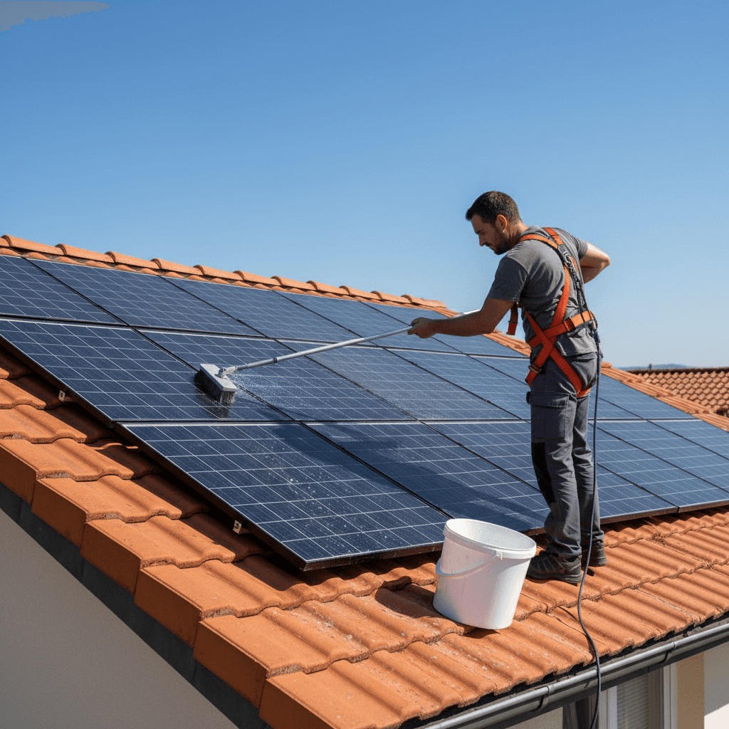 Technician cleaning solar panels with water-fed pole on a sunny day