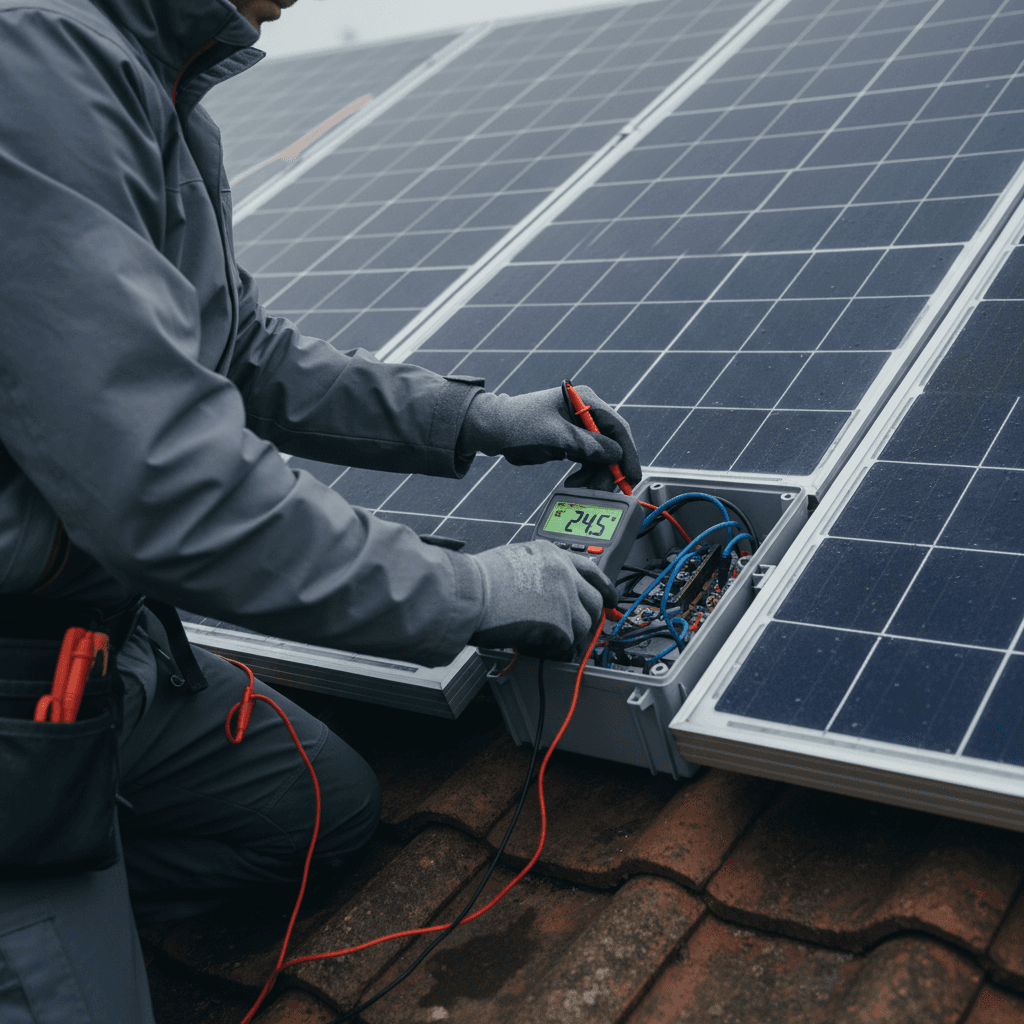 Technician using a multimeter to diagnose solar panel wiring
