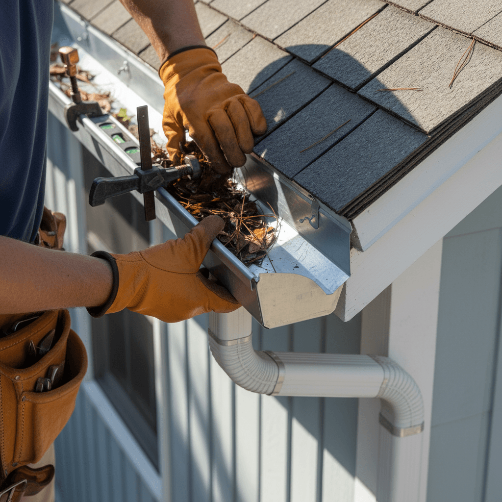 Close-up of roofer's hands installing gutter sections and connections along residential home eave